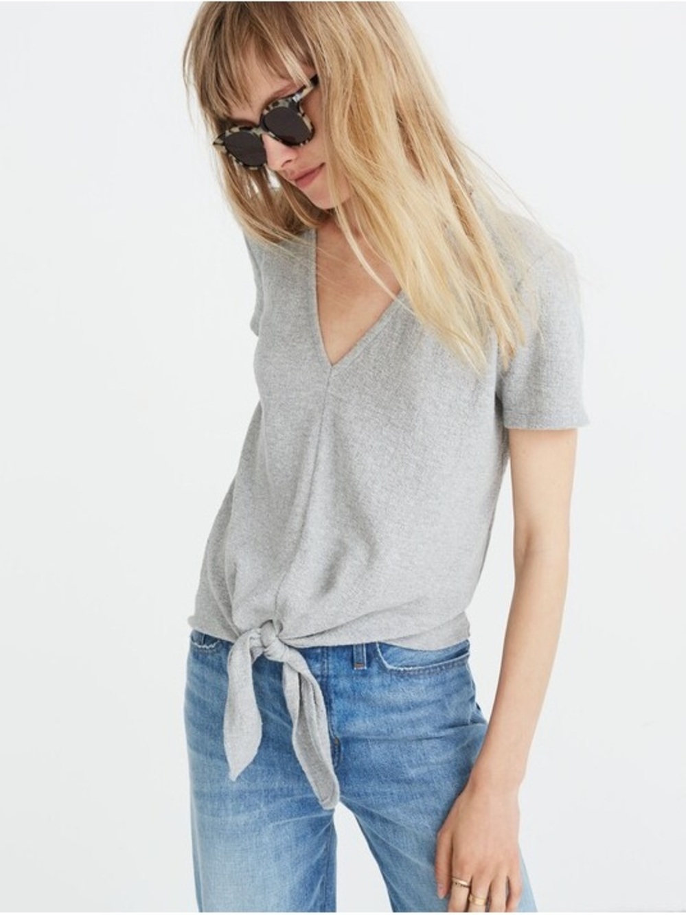 Gray V-Neck Tie-Front Women's Top